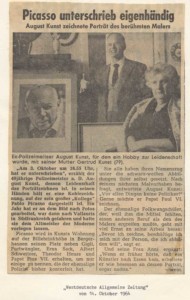 Signierung seines Porträts durch Picasso - Pressebericht der Westdeutschen Allgemeinen Zeitung im Oktober 1964