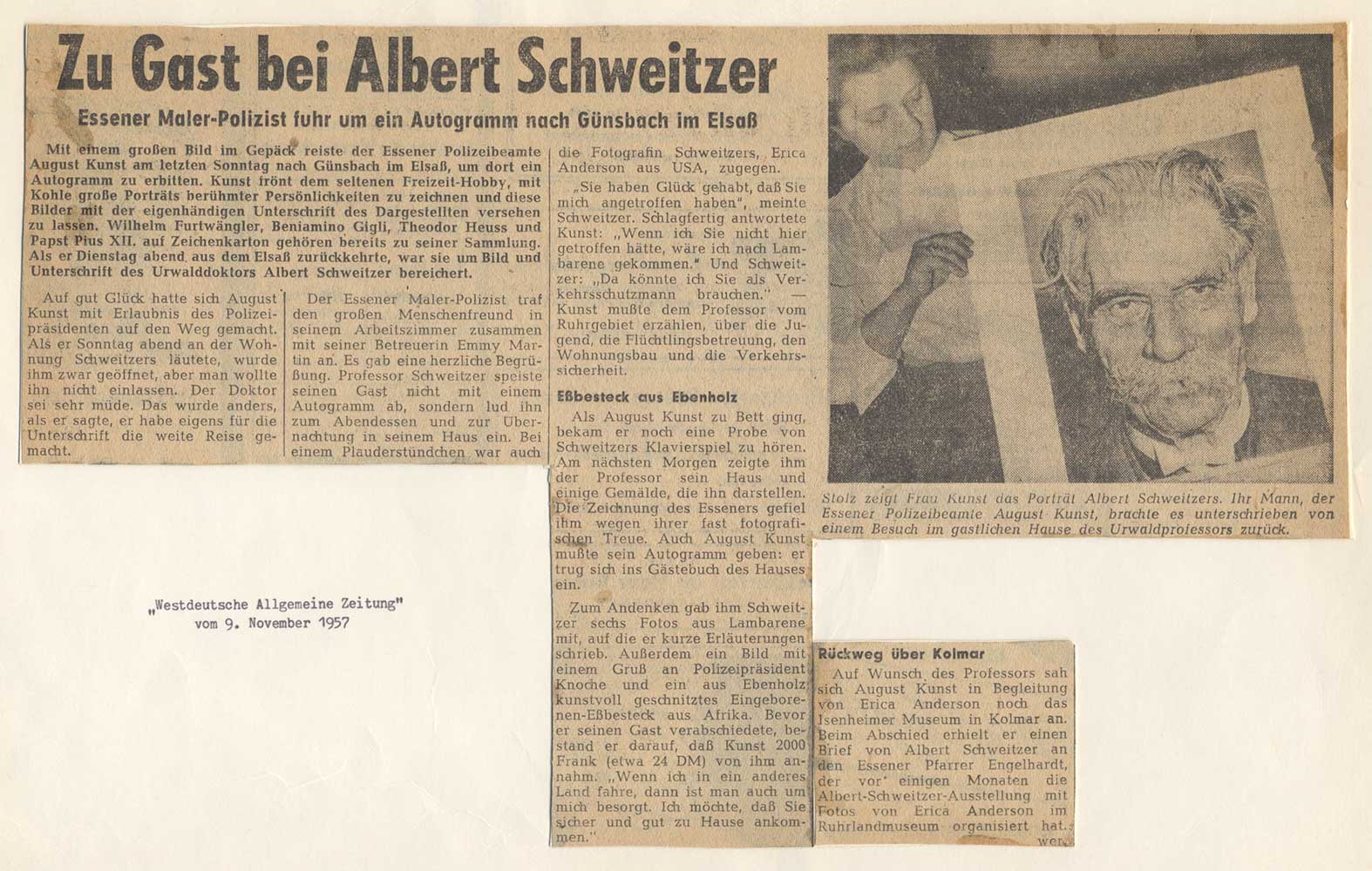 Die Westdeutsche Allgemeine Zeitung" berichtet über August Kunst bei Albert Schweitzer - November 1957 Pressebericht über den Aufenthalt von August Kunst bei Albert Schweitzer